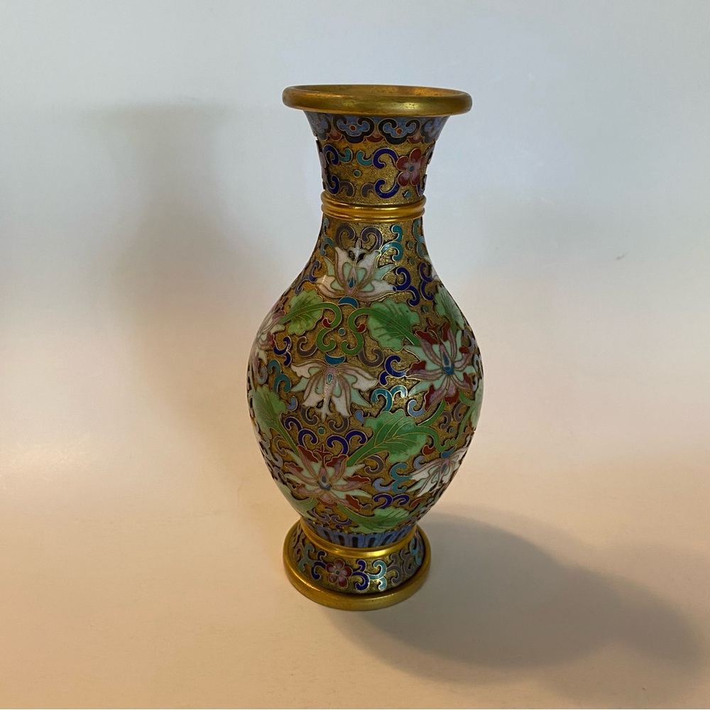 “Vintage Chinese Cloisonné Enamel Vase, 6” Gilt Baluster Vase with Lotus Flower
